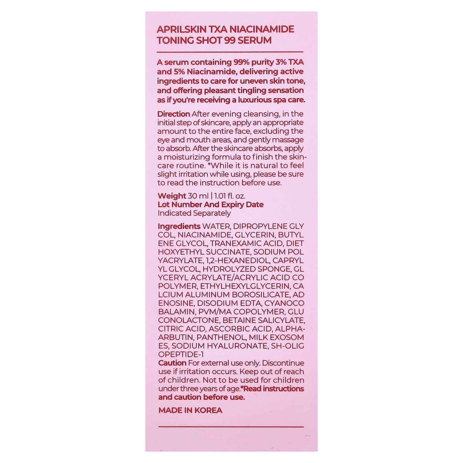 April Skin TXA Niacinamide Toning Shot 99% Serum 30 ml (1.01 fl oz) - view 3